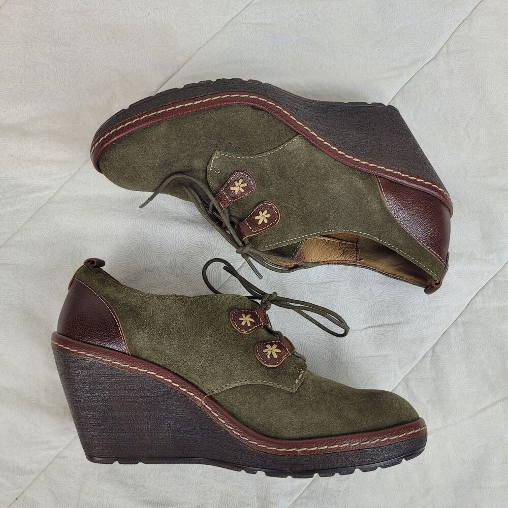 Sofft Camila Wedge lace-up leather booties 7.5M Olive green contrast stitching - Picture 8 of 11